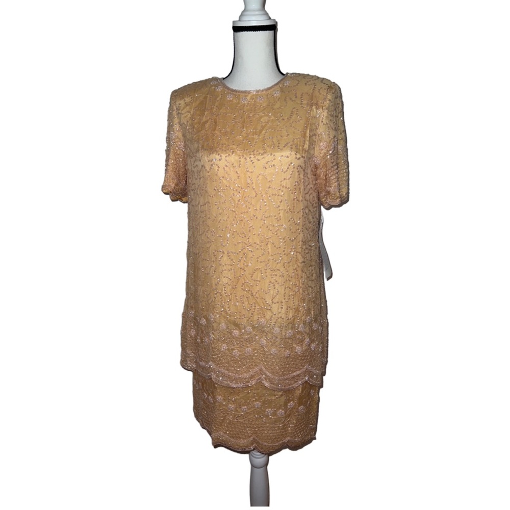 NWT Women's Flapper 100 % SILK Gatsby Sequin Short Sleeve Cocktail/BRIDAL Dress